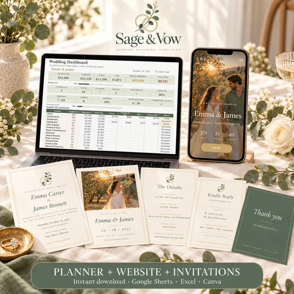 The Complete Wedding Bundle — planner spreadsheet, wedding website and invitation suite by Sage & Vow