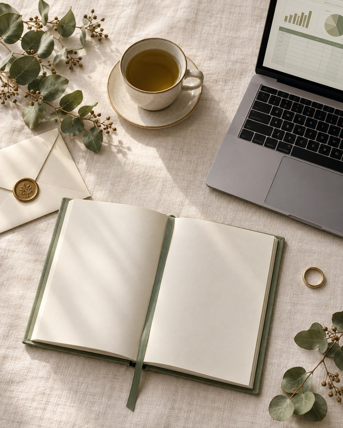 Wedding planning flat lay in sage and ivory