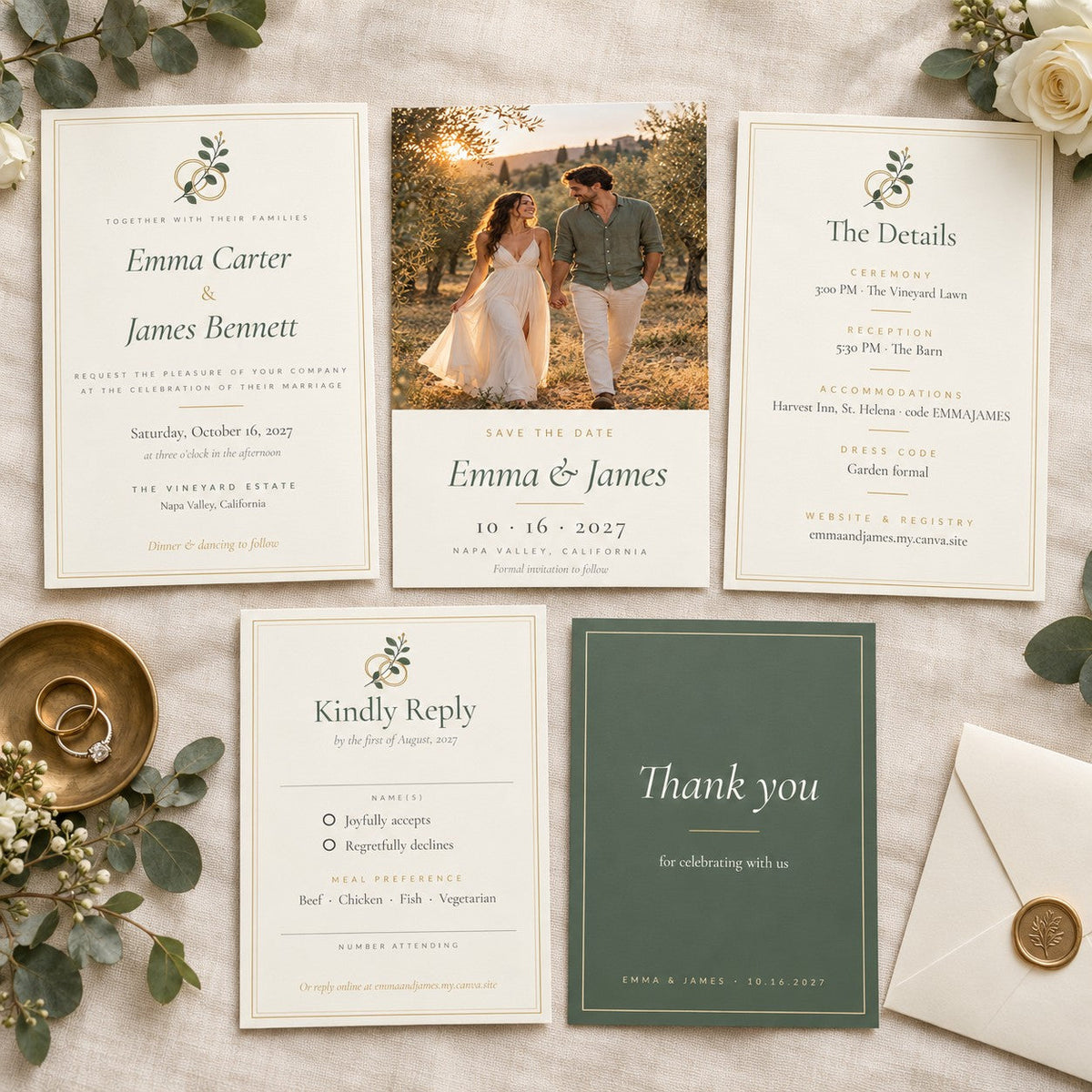 Matching 5x7 wedding invitation suite for Canva: invitation, save the date, details, RSVP and thank-you cards
