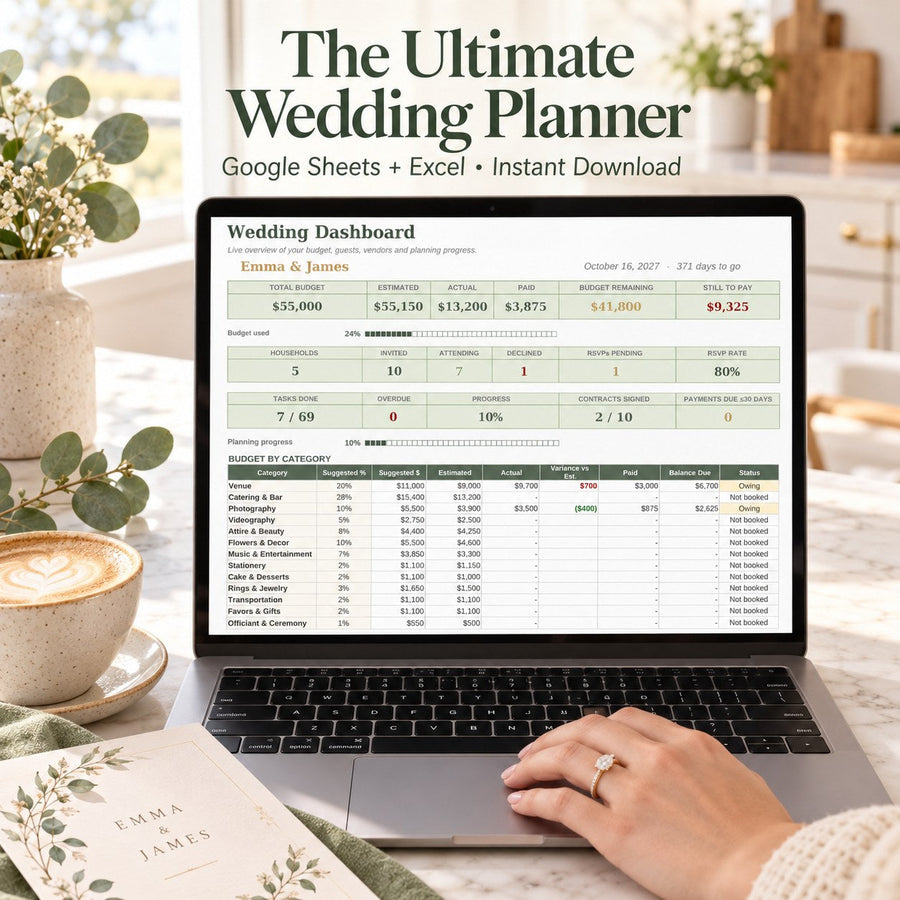 Ultimate Wedding Planner Spreadsheet on a laptop — Sage & Vow