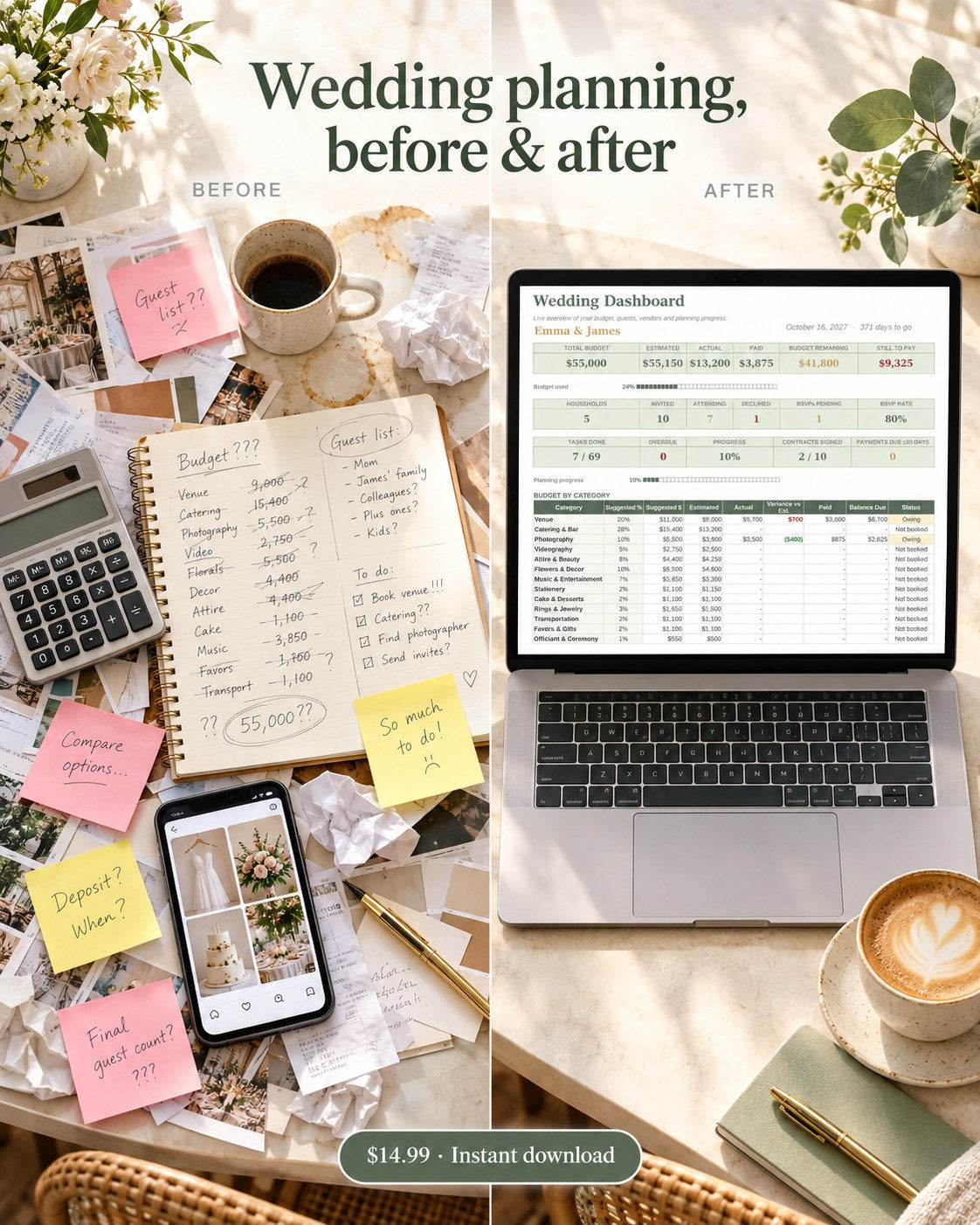 Before and after: messy wedding notes vs one smart spreadsheet